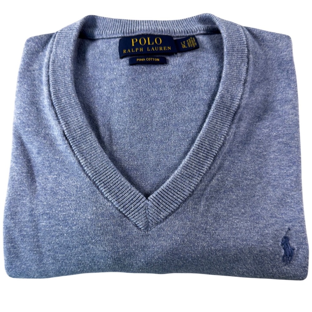 Polo Ralph Lauren Sweater Mens LT Blue Pima Cotton V Neck Big & Tall Pullover